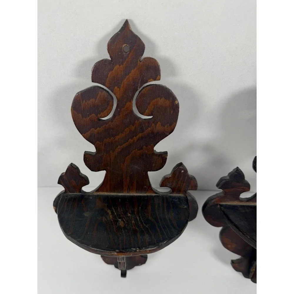 VTG Handmade Wooden Wall Shelf Pair Scroll Cut Hanging Display